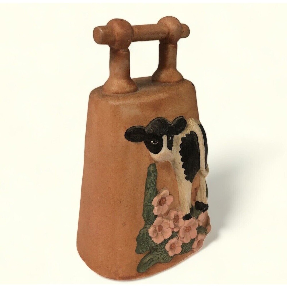 Vintage 3D COW‎ In Floral Pasture Pottery 7” Bell Wind Chime Hand Painted